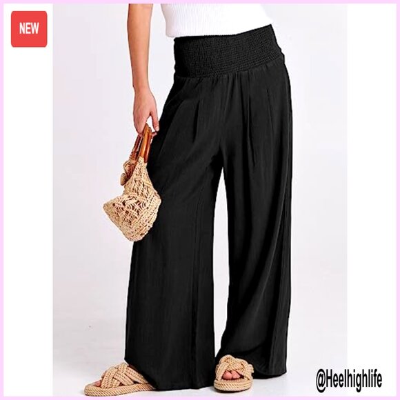 Linen Palazzo Pants High Waist Wide Leg Lounge Casual Summer Boho - Picture 2 of 7